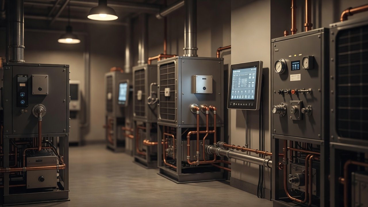 Hotel mechanical room with modern building automation control panel and HVAC equipment