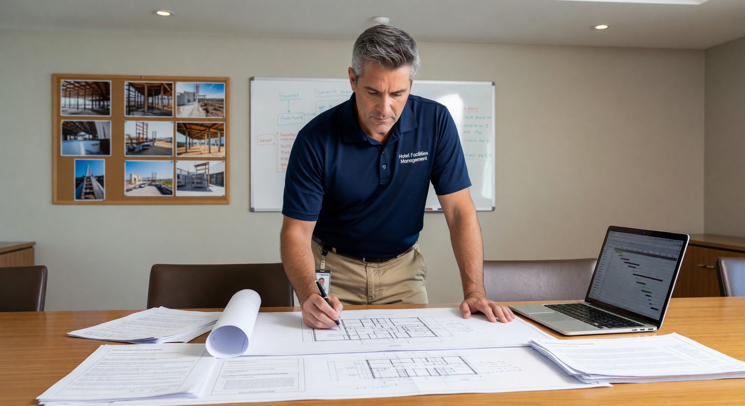 Hotel facility manager reviewing capital project plans