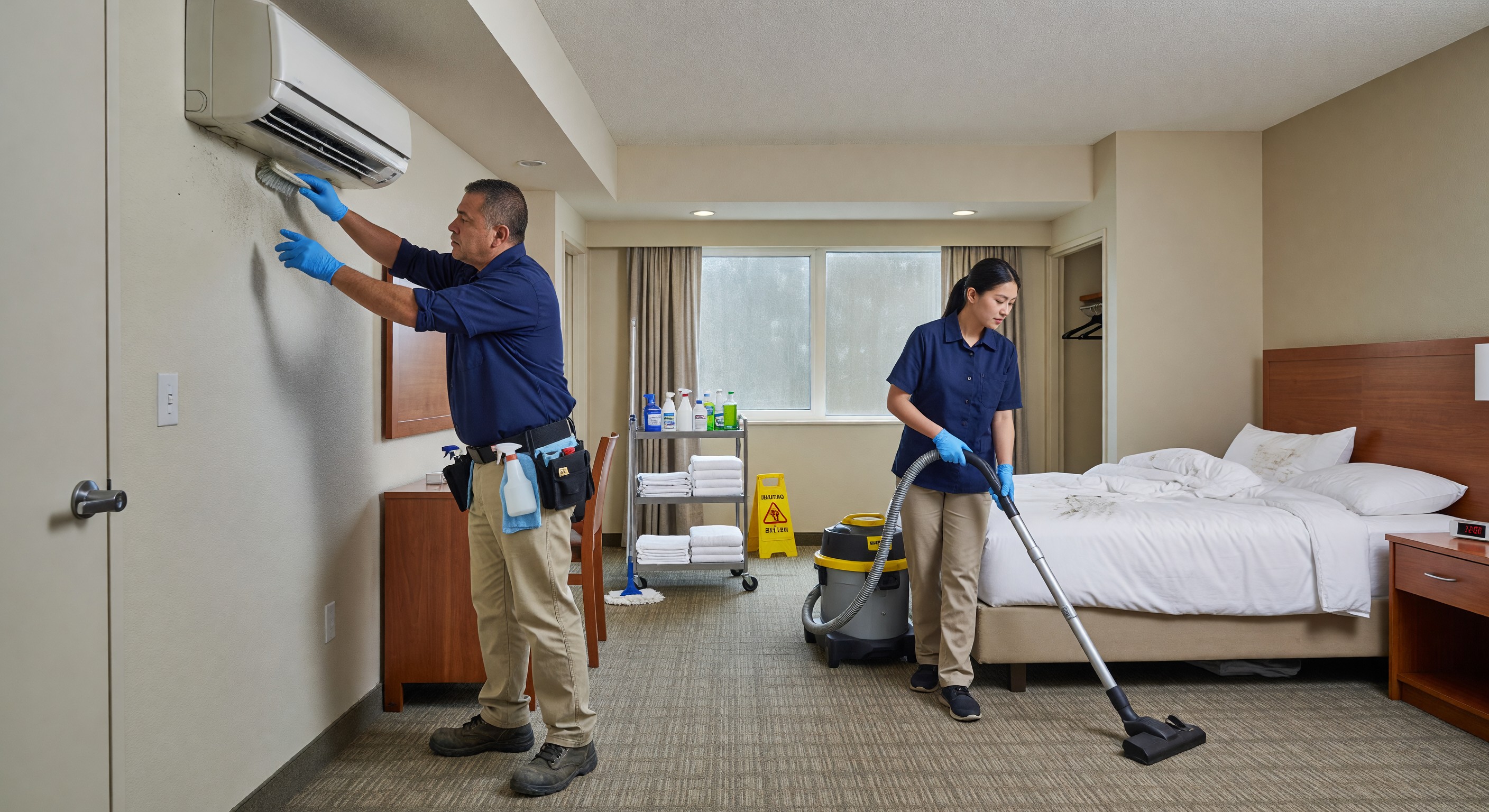 Hotel maintenance staff performing deep cleaning of guestroom