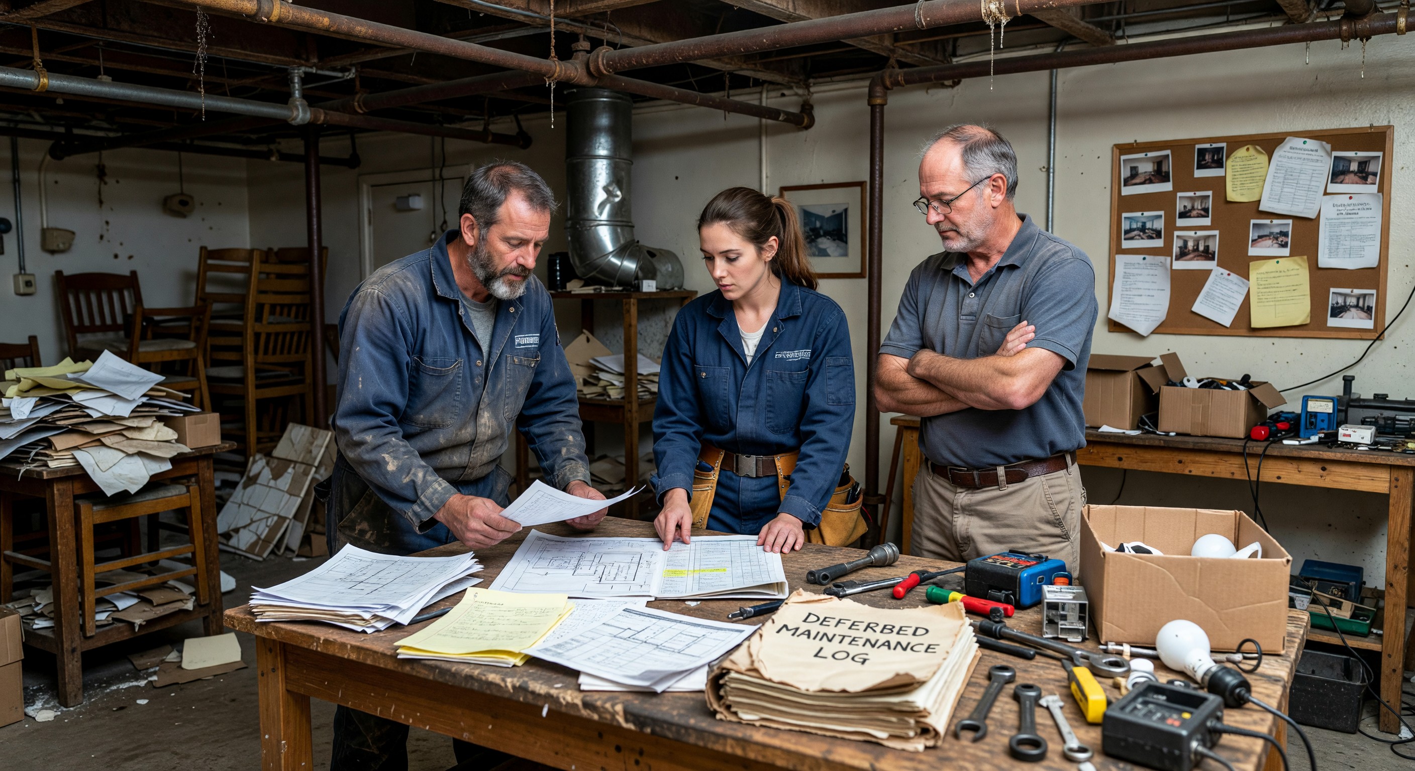 Hotel maintenance team reviewing backlog of deferred maintenance tasks