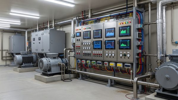 Hotel mechanical room with building automation control panel and chiller equipment