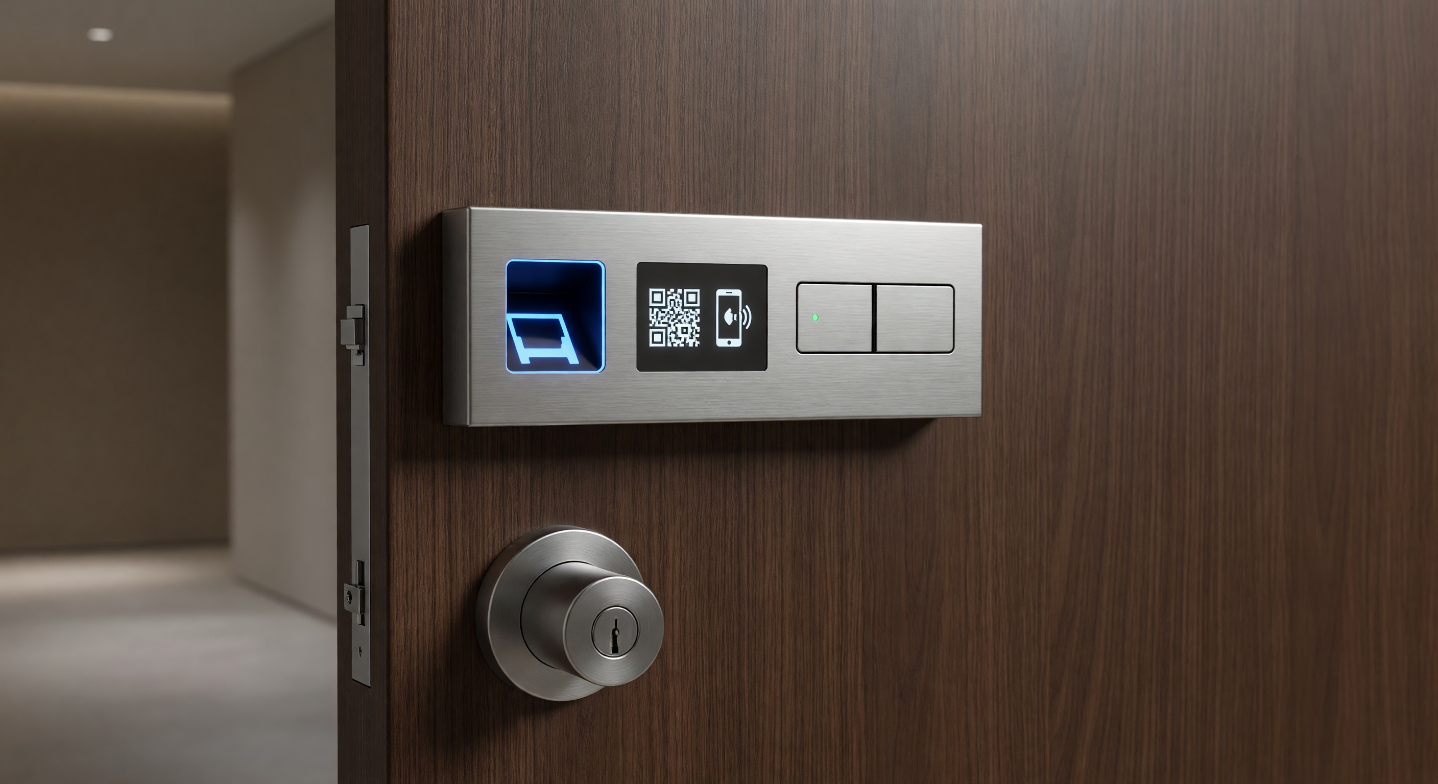 Modern hotel door lock with mobile access and biometric capability