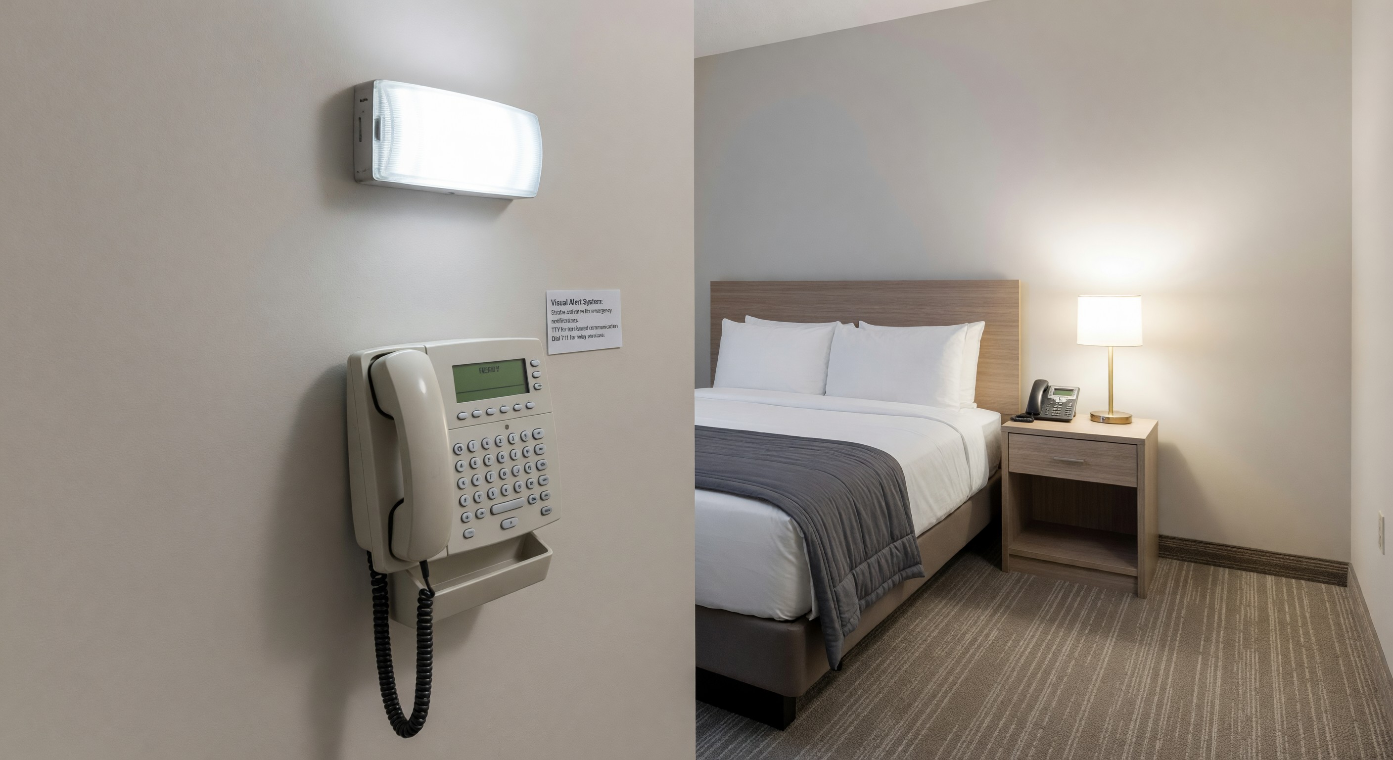 Hotel room with visual alert strobe and TTY device for accessibility