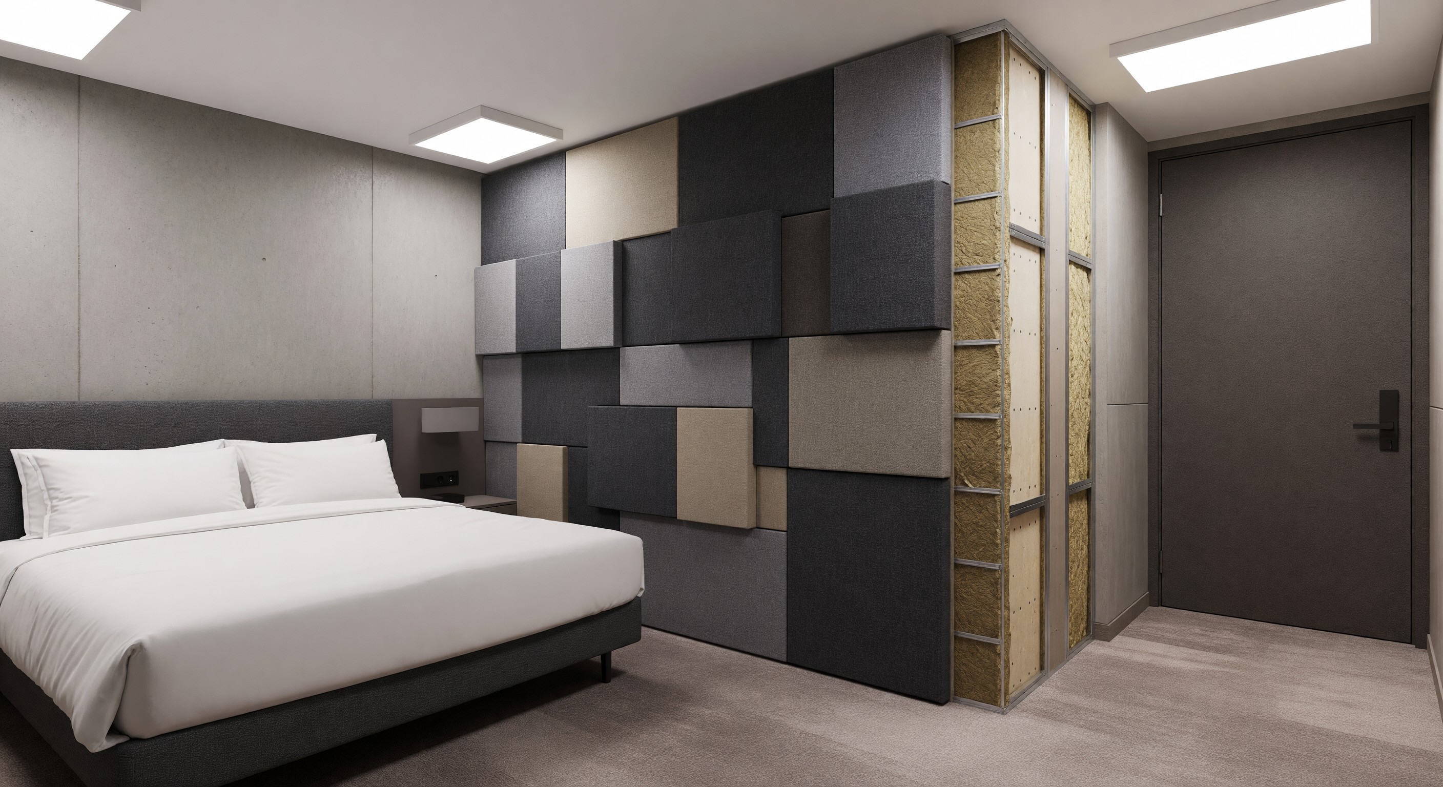 Hotel guest room with acoustic panels and sound-insulated construction detail