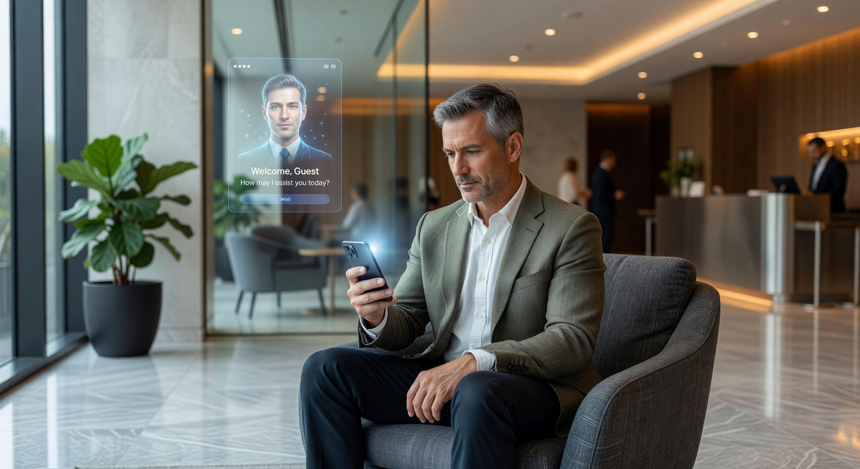 Hotel guest interacting with AI concierge on smartphone