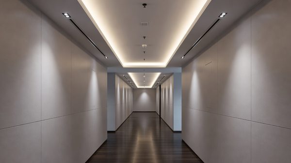 Modern hotel corridor with climate control and lighting systems visible in professional hospitality setting