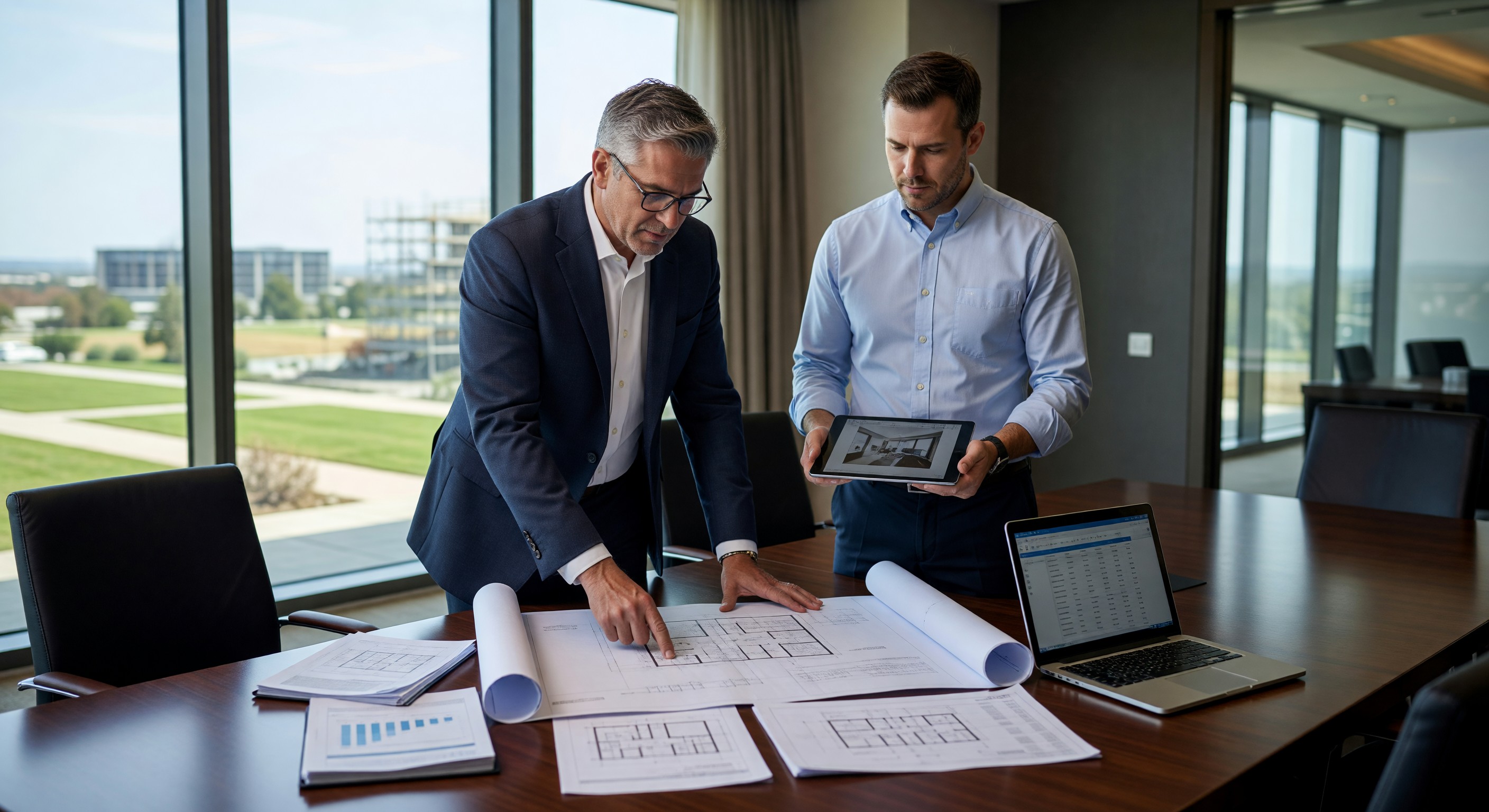 Hotel GM and facility manager reviewing capital improvement plans