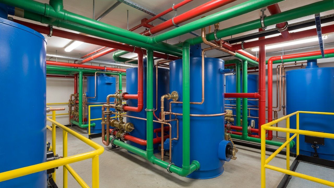 Hotel mechanical room with boilers, pumps and labelled piping beside a maintenance clipboard station