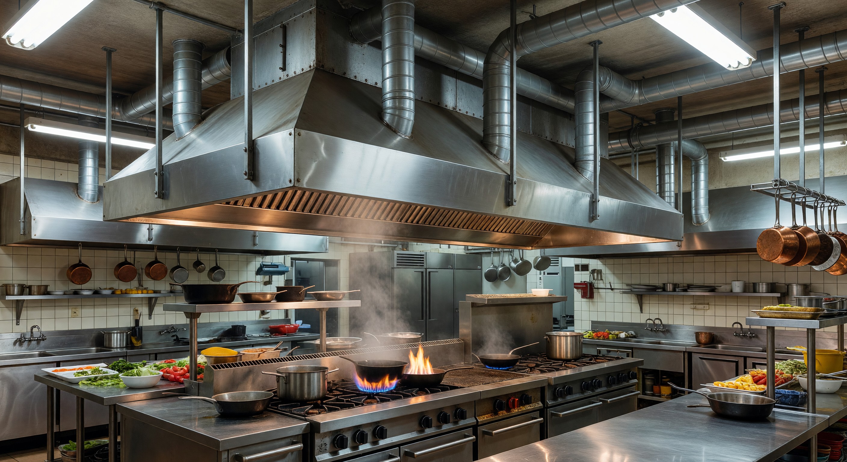 Commercial kitchen hood and exhaust ventilation system in hotel restaurant kitchen