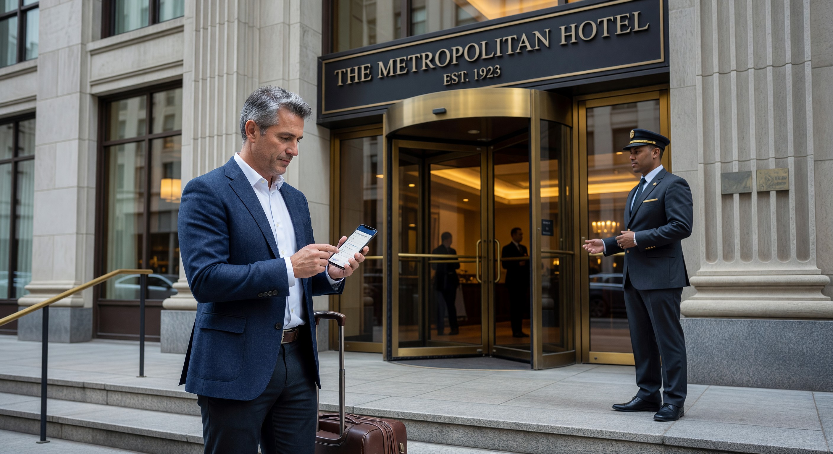 Hotel guest completing check-in on mobile phone at entrance