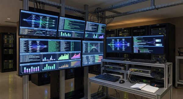 Hotel network security monitoring screen in IT room