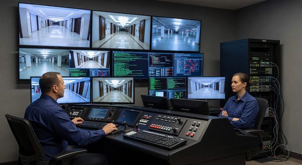 Hotel security control room showing both cyber and physical monitoring