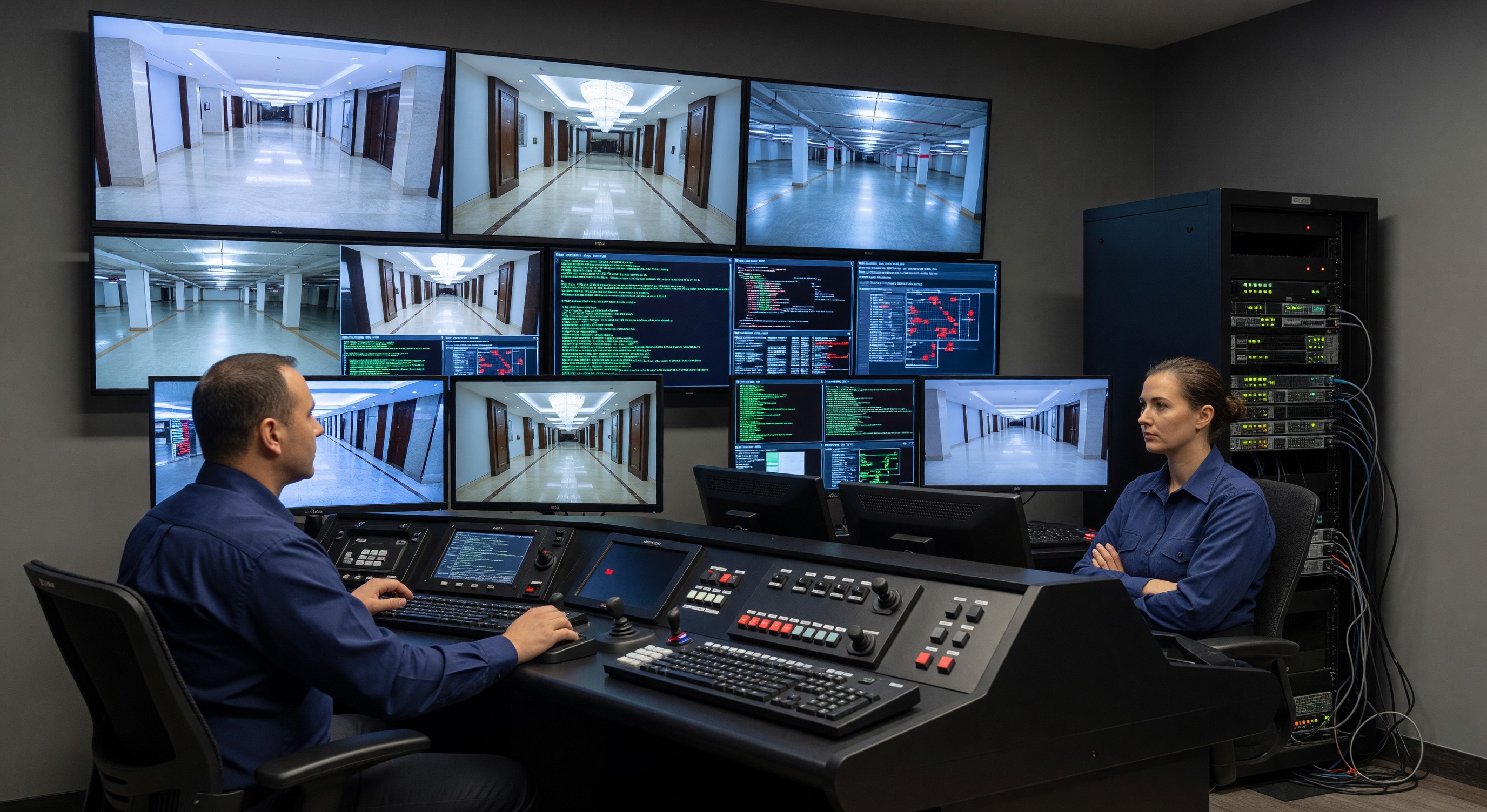 Hotel security control room showing both cyber and physical monitoring