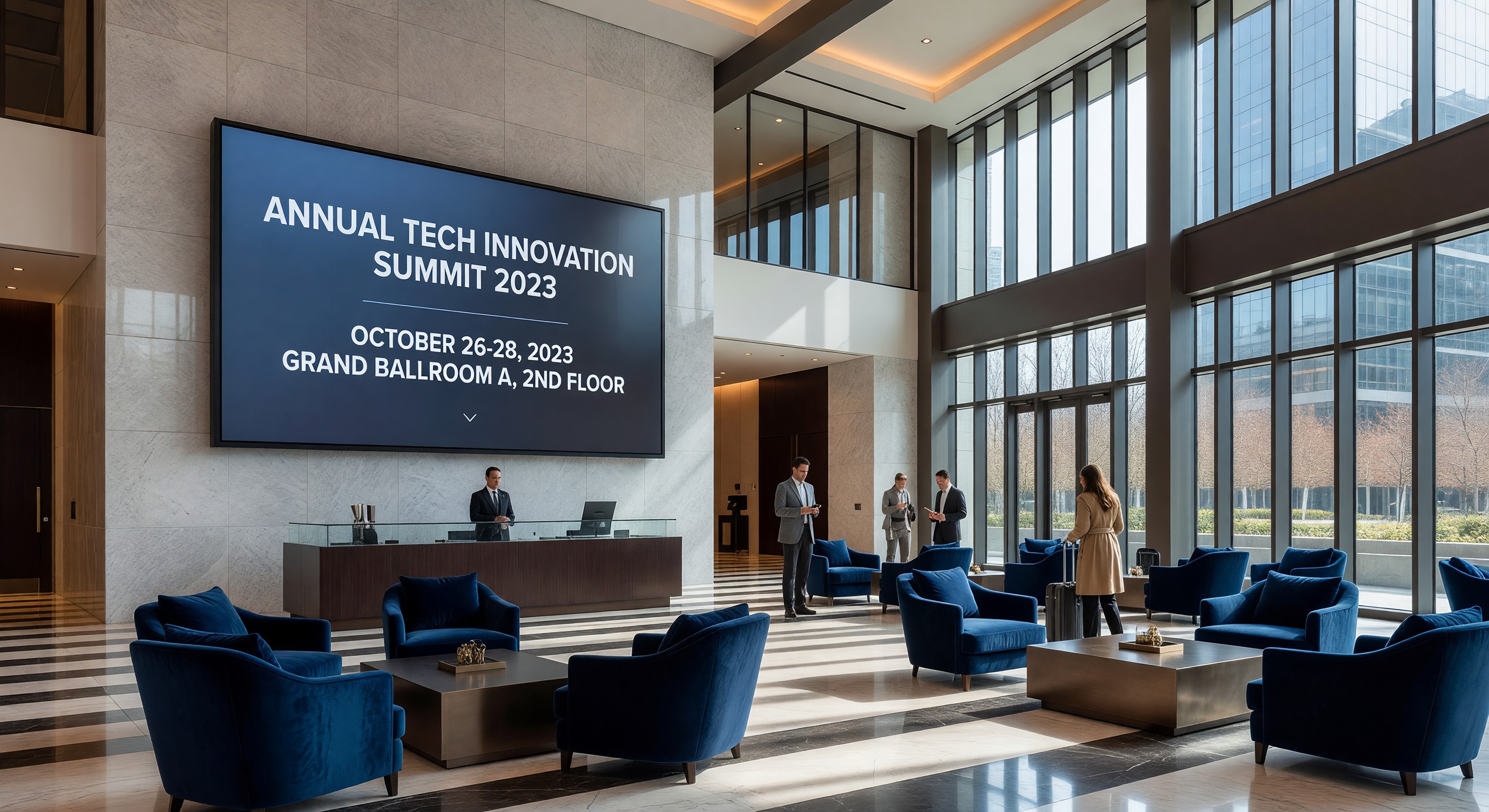 Hotel lobby with digital signage display showing event information