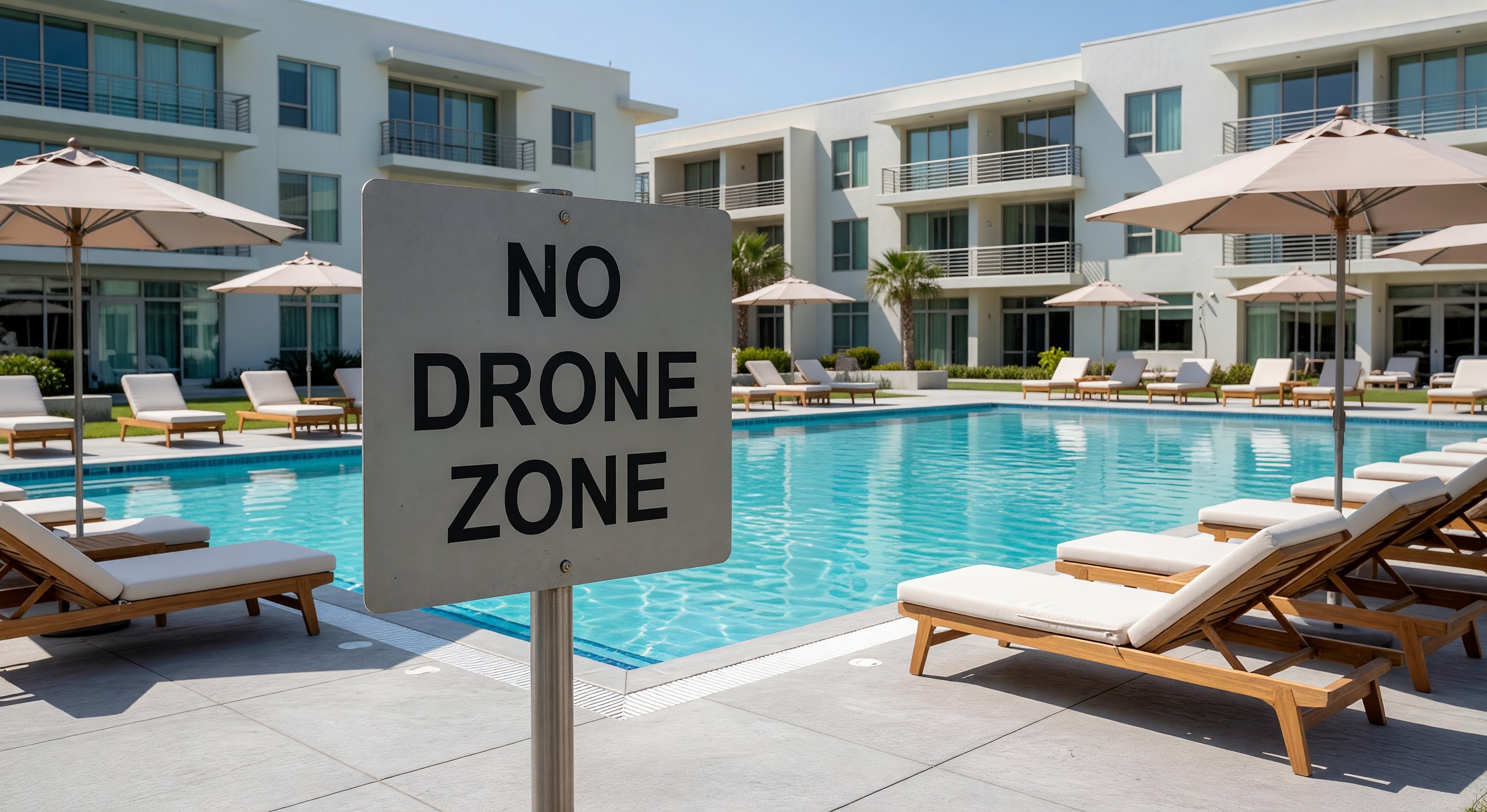 Hotel property with no drone zone sign near pool area
