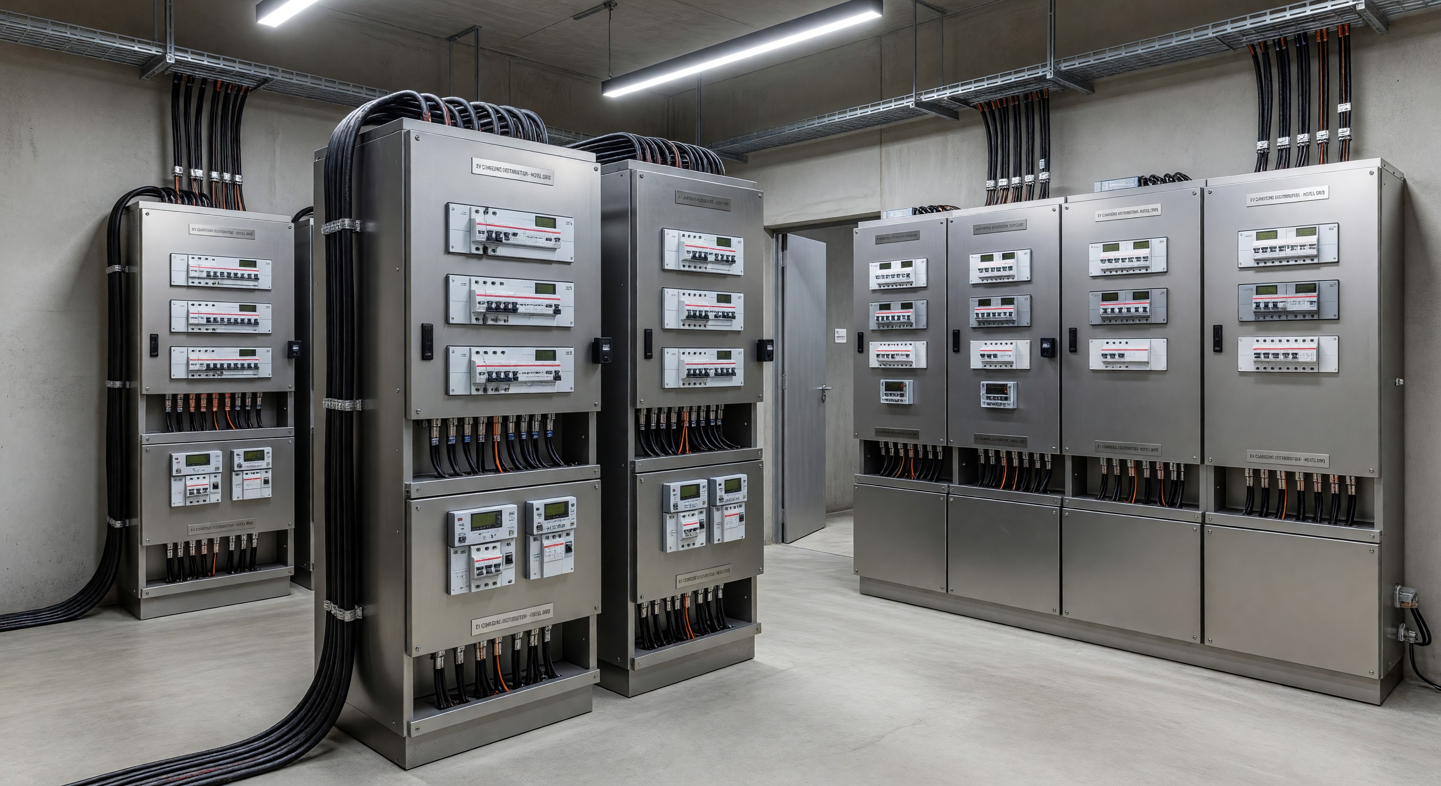 Hotel electrical switchgear room showing power distribution panels for EV charging