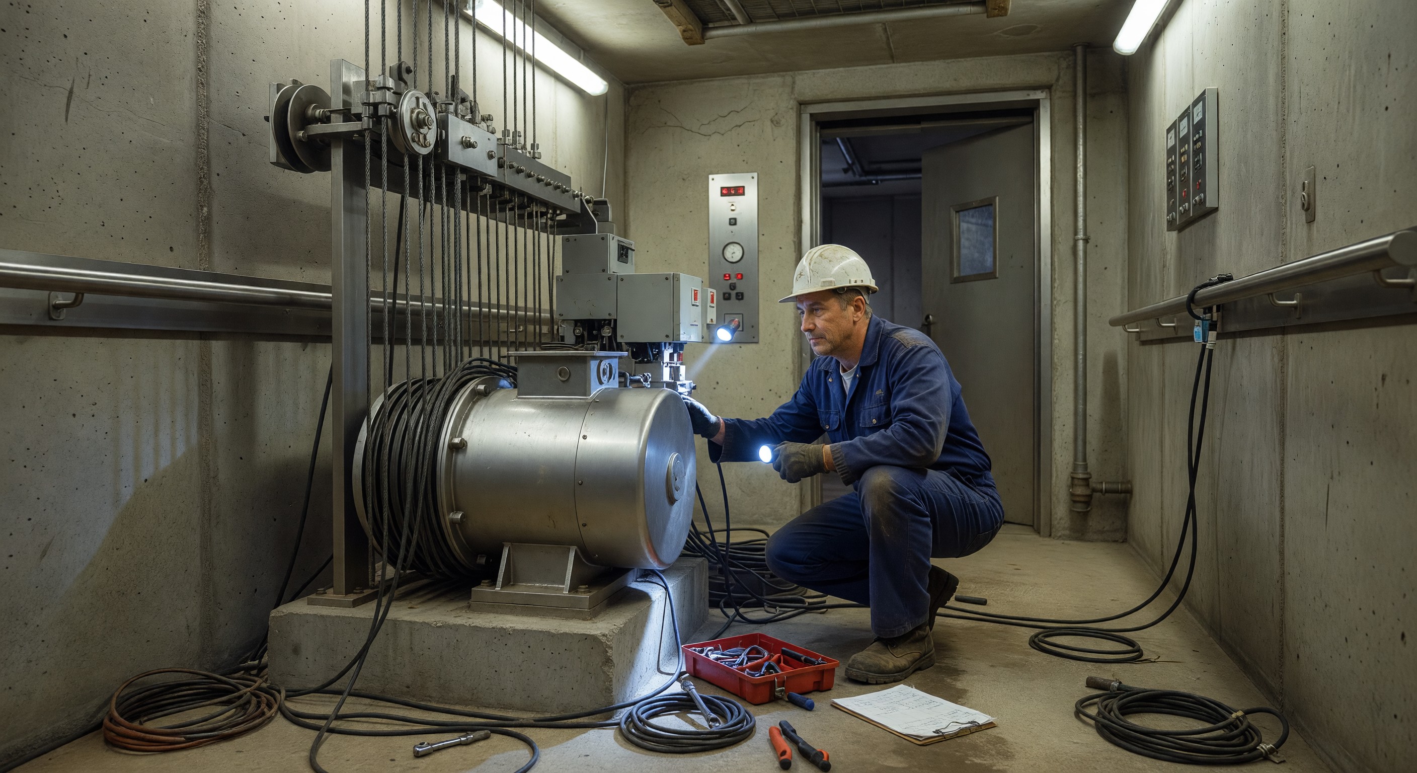 Hotel elevator machine room with maintenance technician inspecting equipment