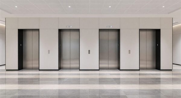 Hotel elevator lobby with multiple elevator doors