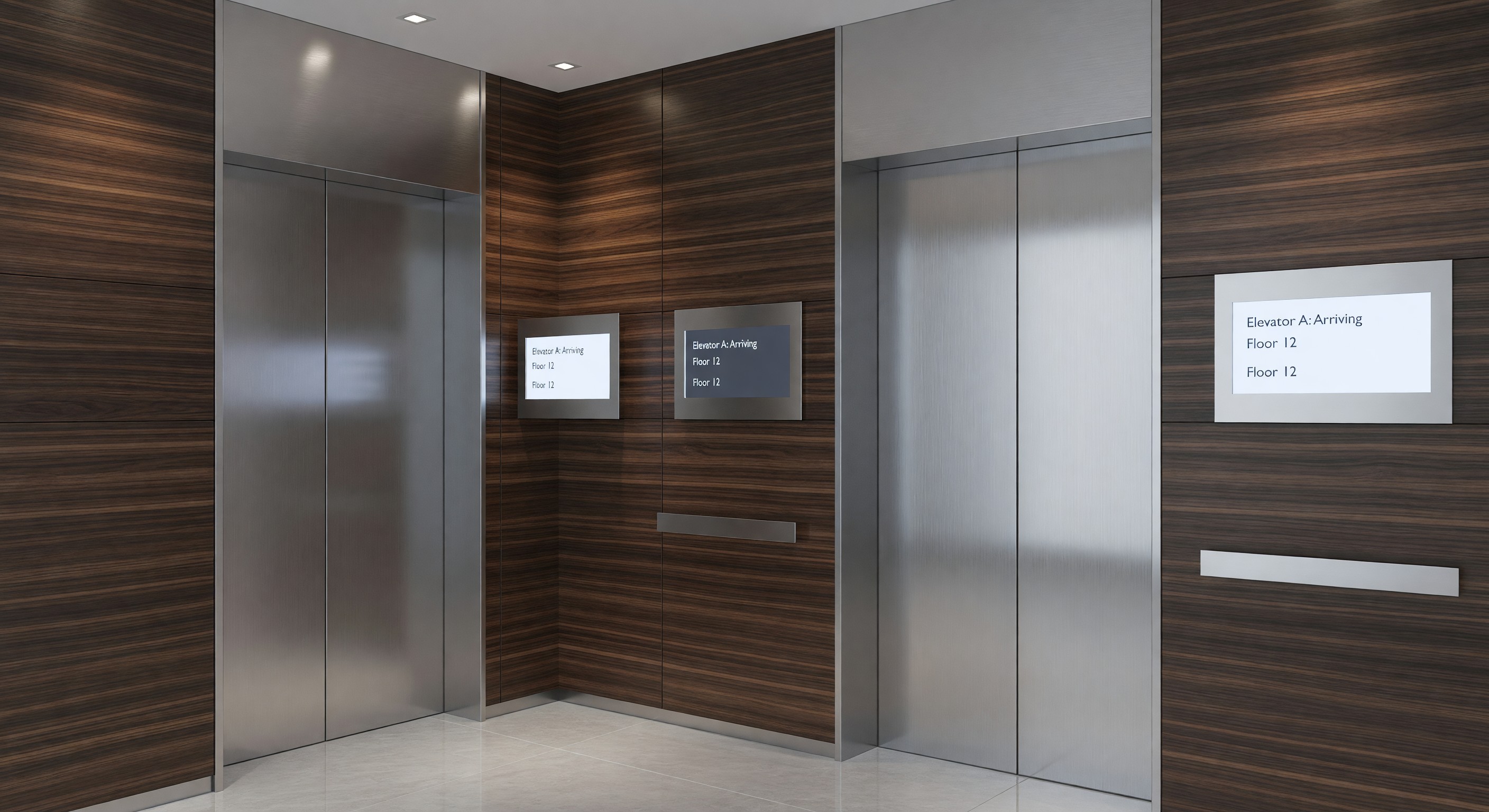 Modern hotel elevator lobby with updated cab finishes and display panels