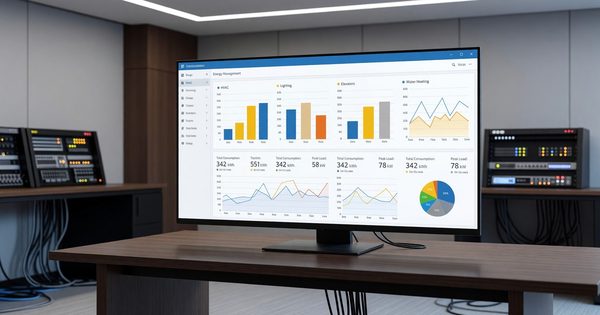 Hotel energy management dashboard showing consumption data by building system