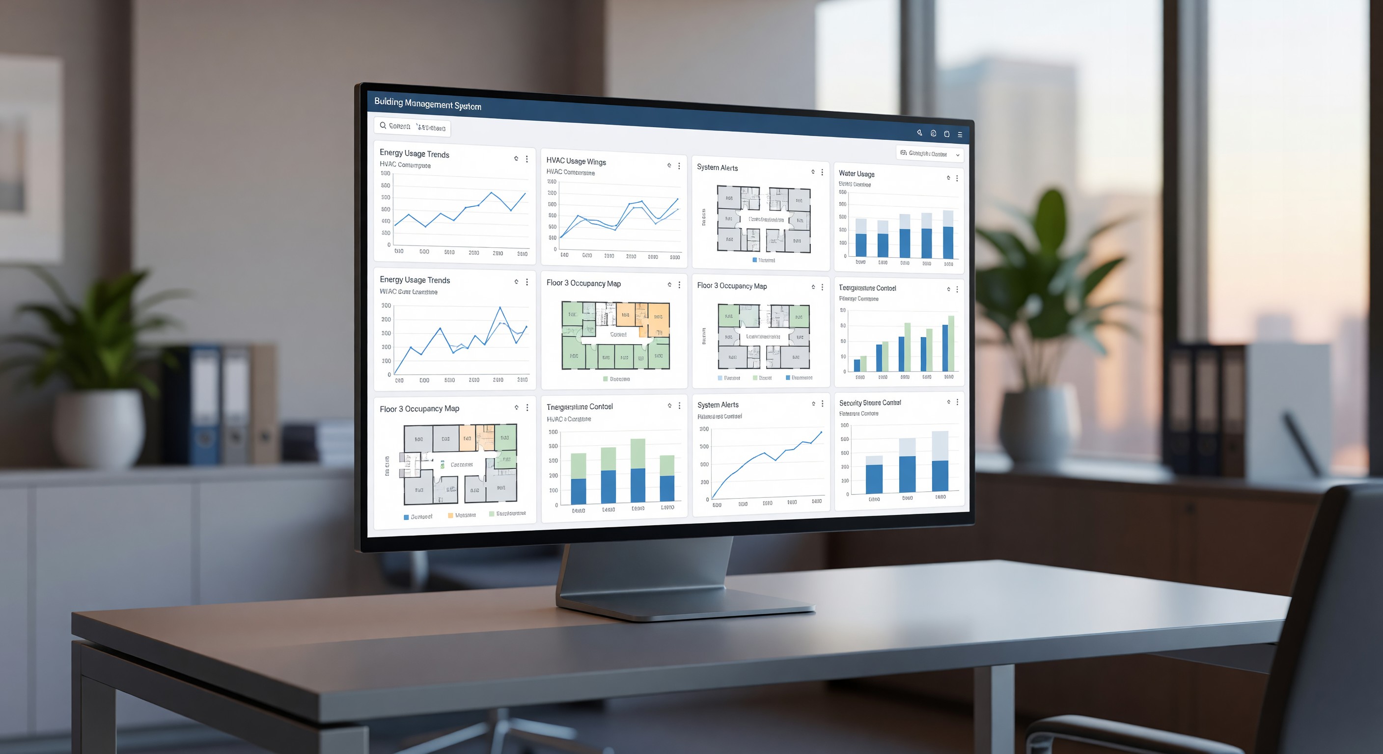 Hotel building management system dashboard on computer screen
