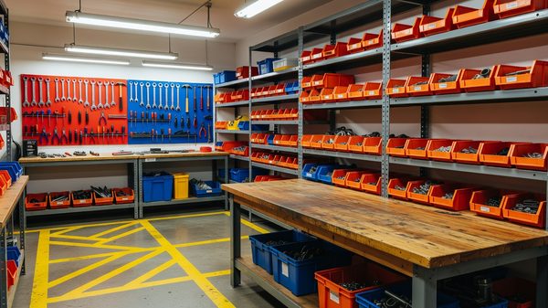 Hotel back-of-house engineering workshop with tool boards, parts shelving and a work bench