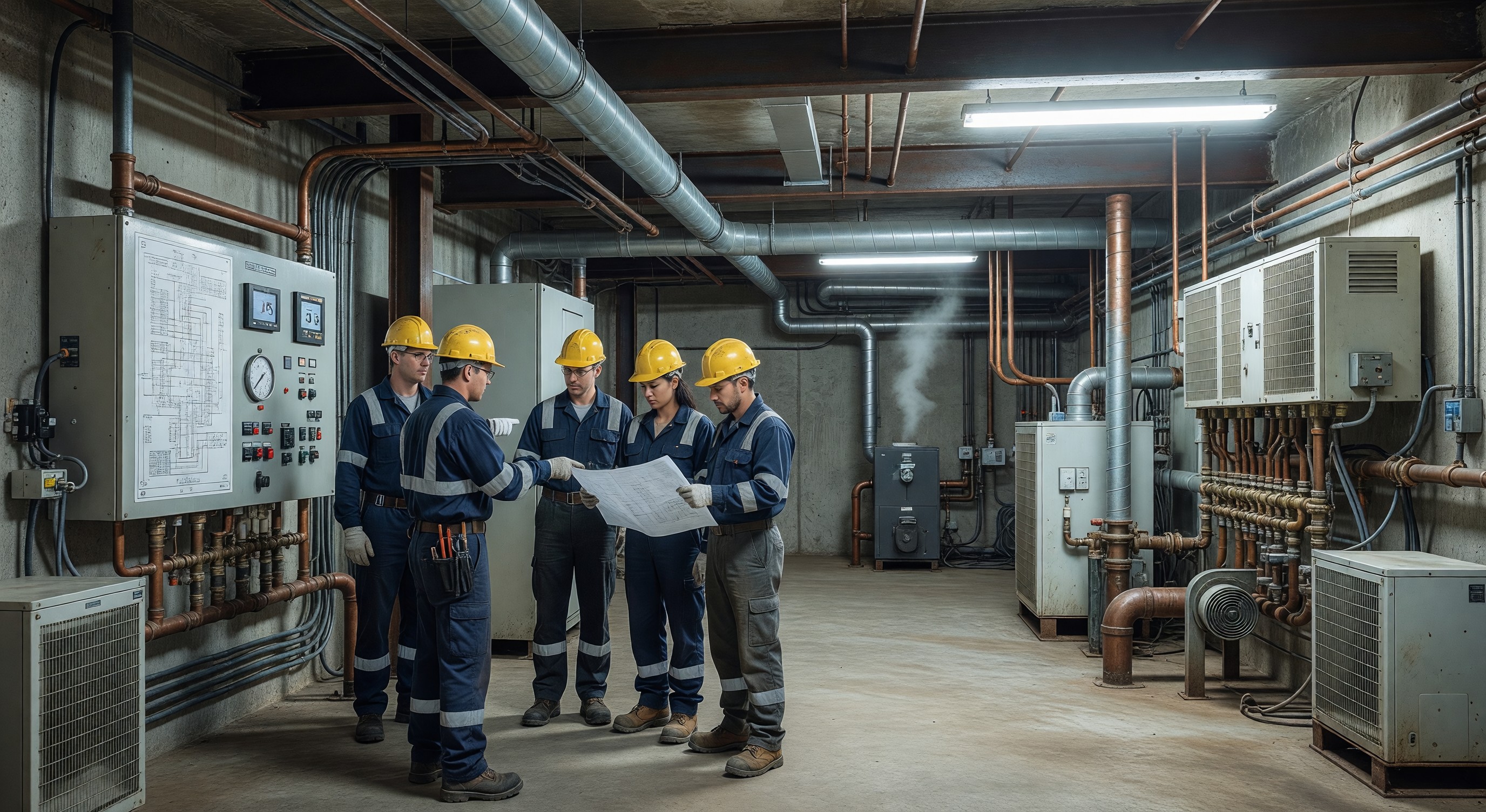 Hotel engineering team in a mechanical room reviewing building systems