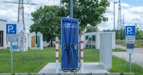 Hotel parking lot with multiple EV charging stations installed