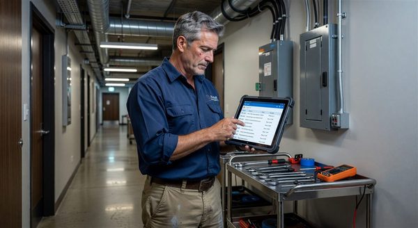 Hotel engineer using tablet with CMMS software to manage maintenance work orders