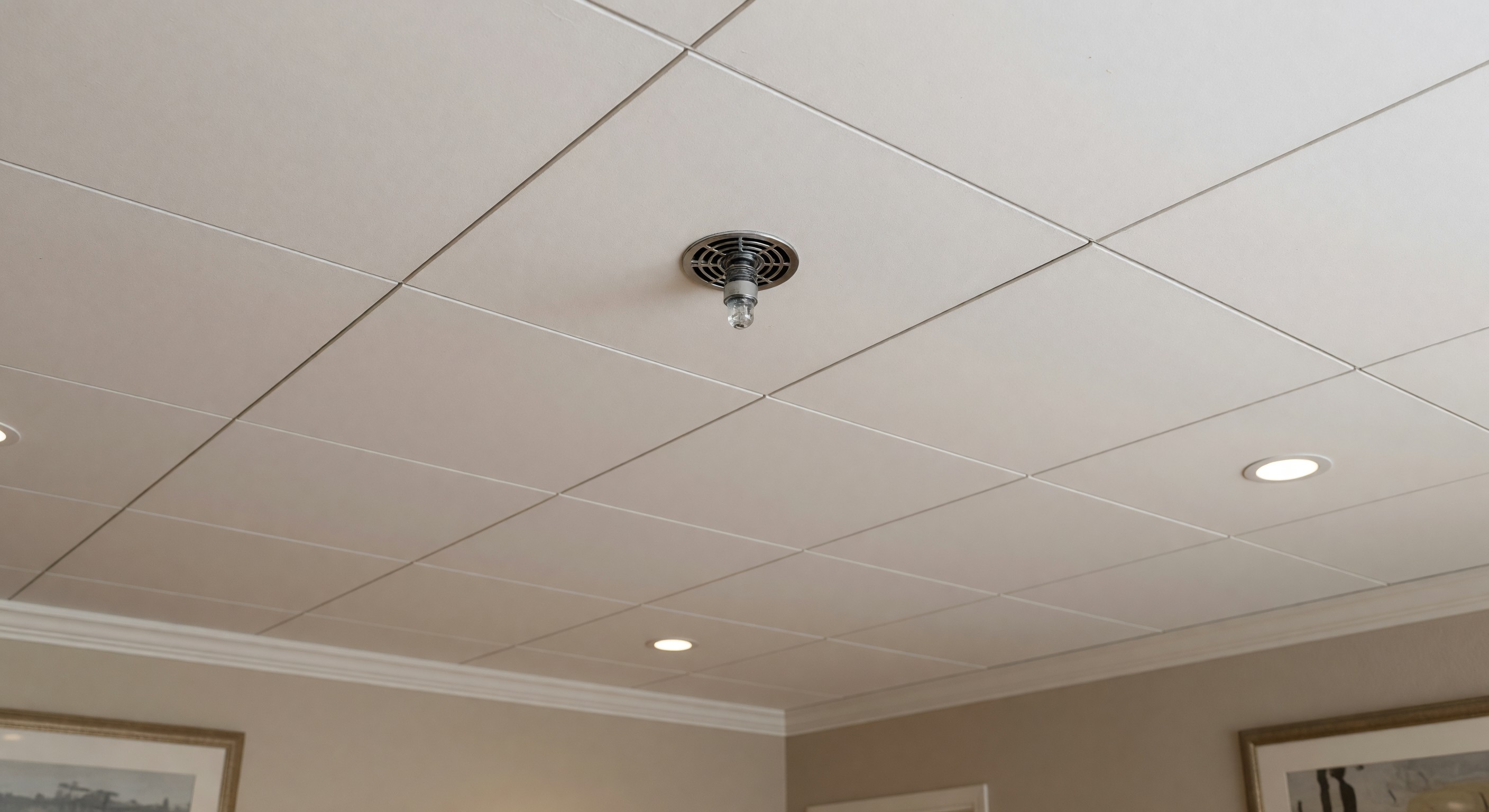 Hotel fire suppression sprinkler head in guestroom ceiling