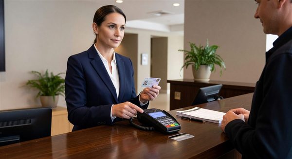 Hotel front desk with credit card reader and identity verification process