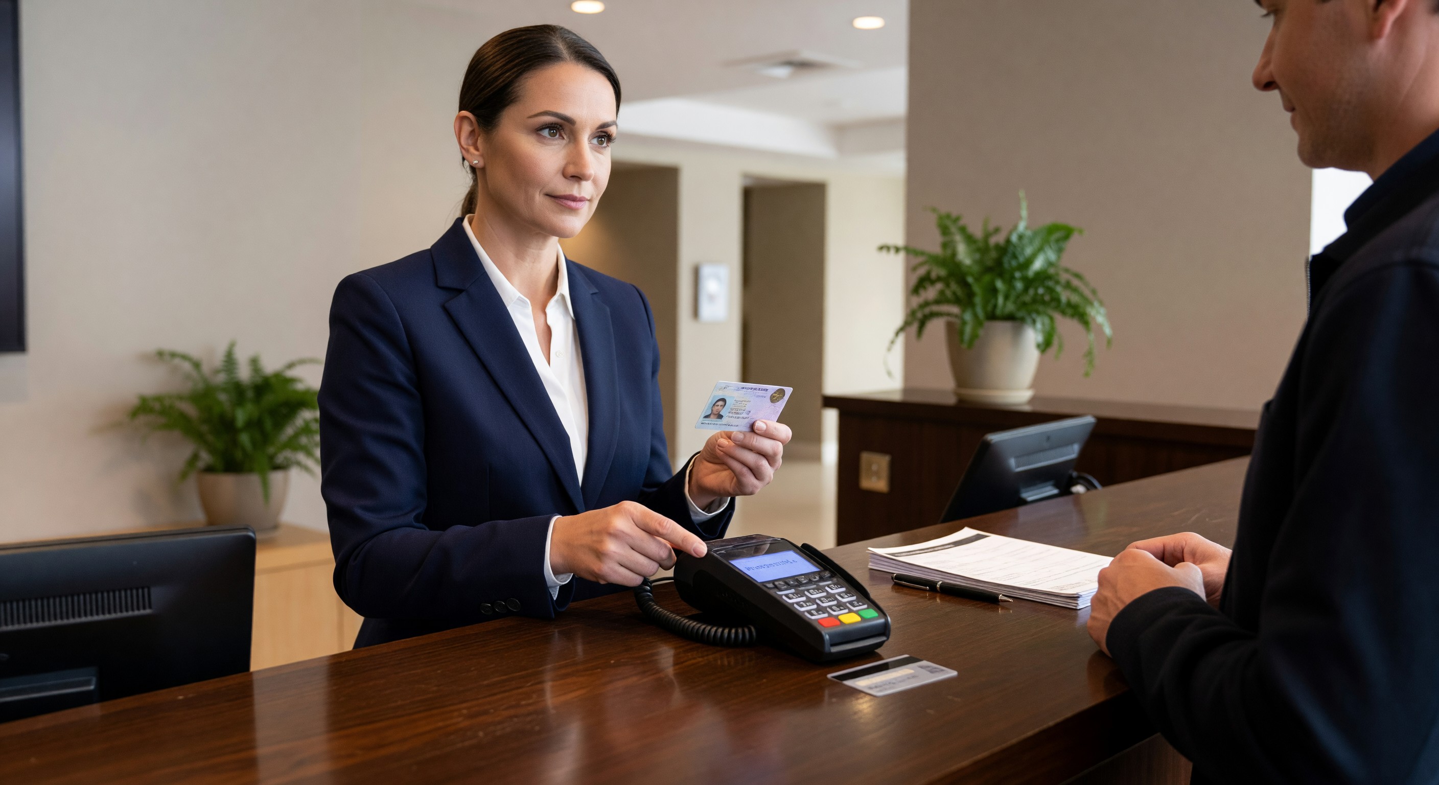 Hotel front desk with credit card reader and identity verification process