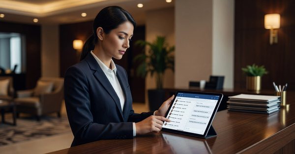 Hotel front desk agent managing guest messages on tablet with messaging platform dashboard