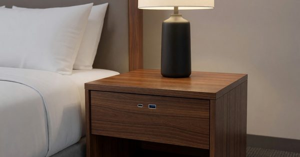 Hotel nightstand with USB-C and USB-A charging ports integrated into bedside unit