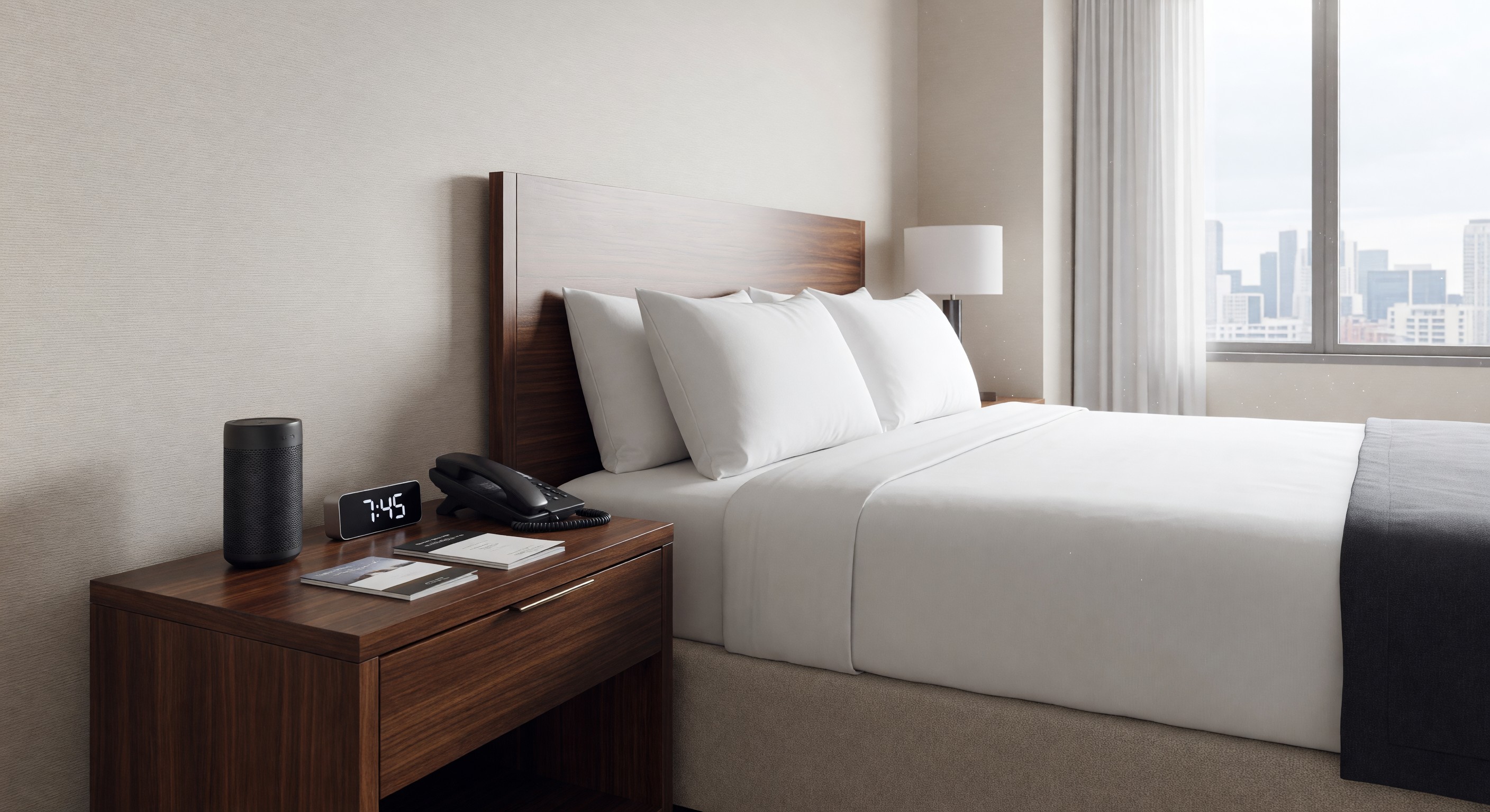 Hotel guestroom with bedside Bluetooth speaker and clock