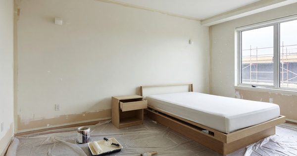 Hotel guest room during renovation showing fresh paint and updated furnishings in progress