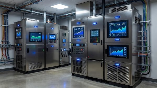 Hotel mechanical room with modern HVAC equipment and digital control panels showing energy data