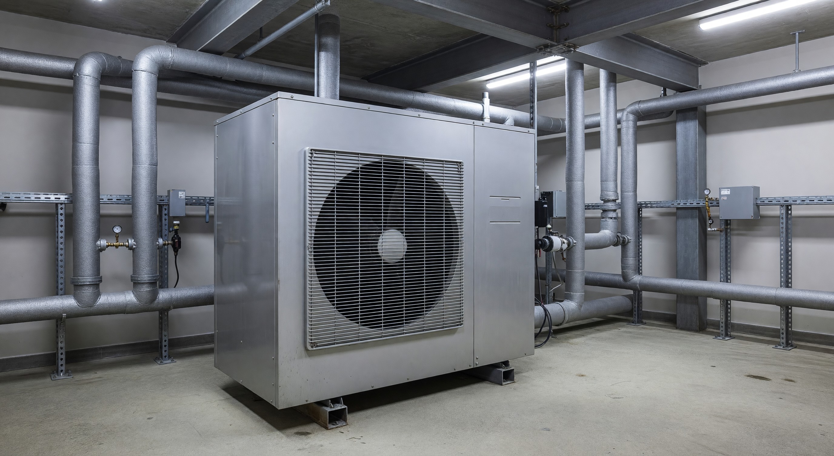 Commercial heat pump unit installed at hotel mechanical area
