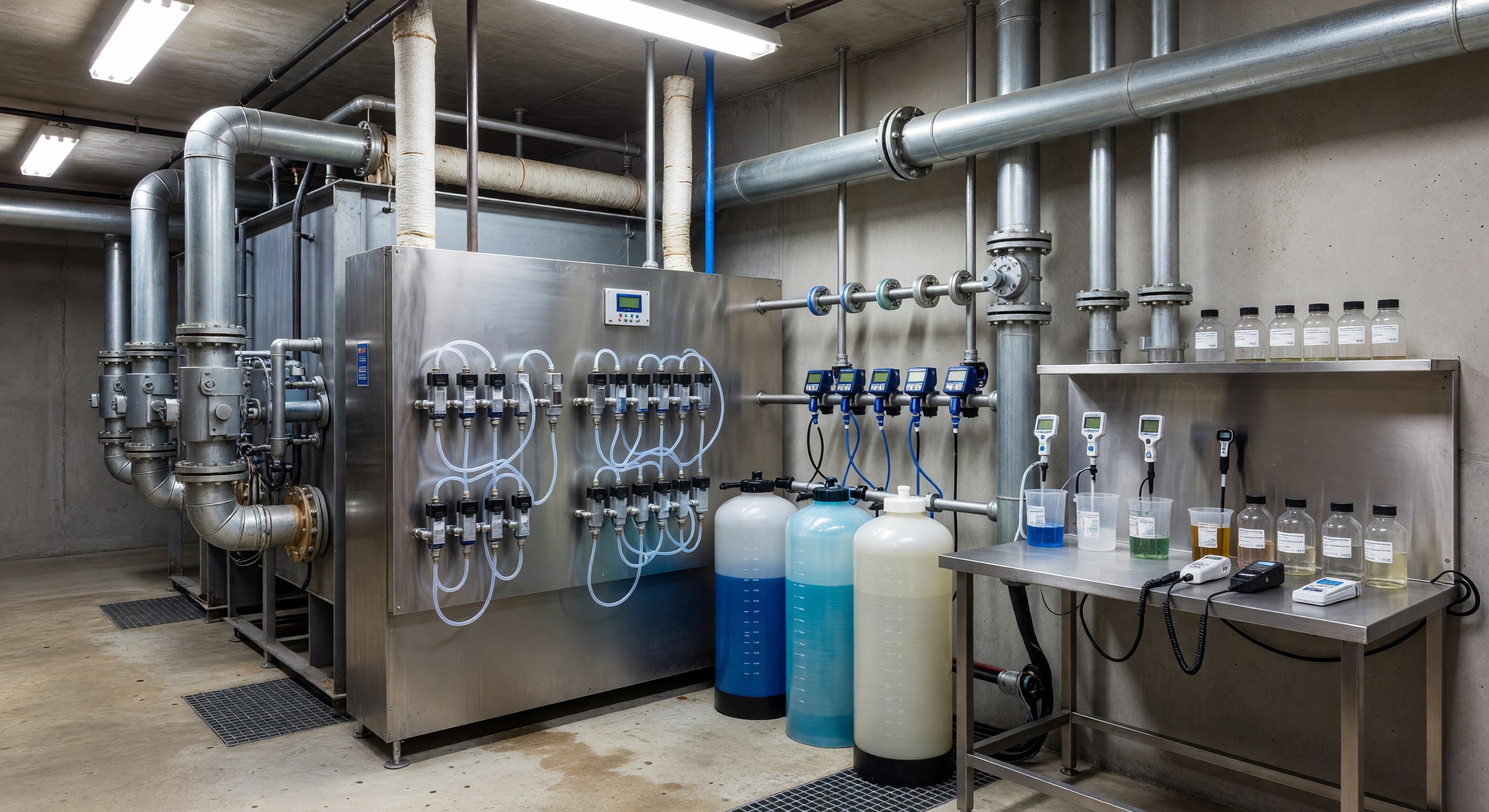 Hotel cooling tower water treatment chemical dosing system and test equipment