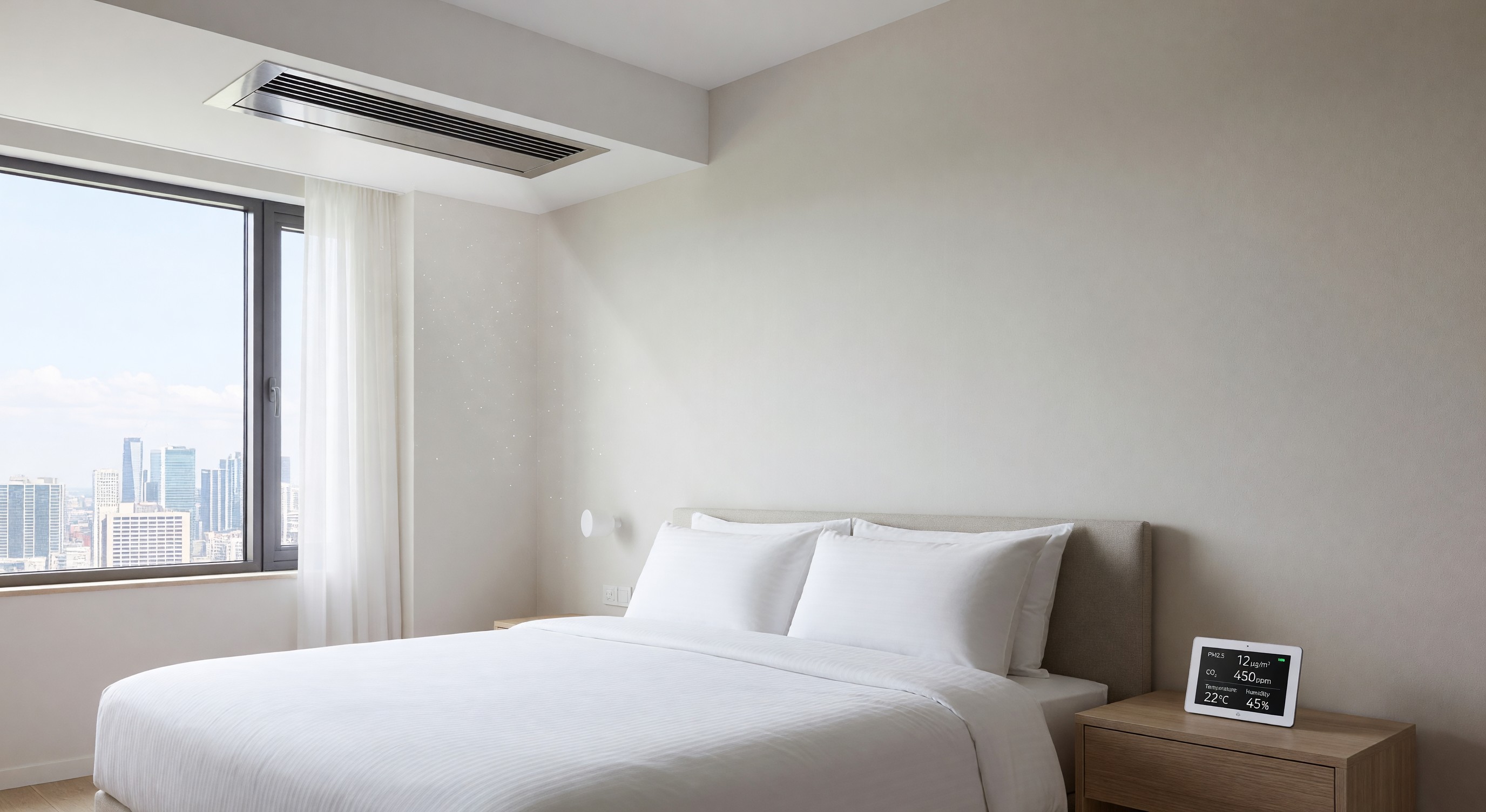 Hotel room with fresh air ventilation and air quality monitoring