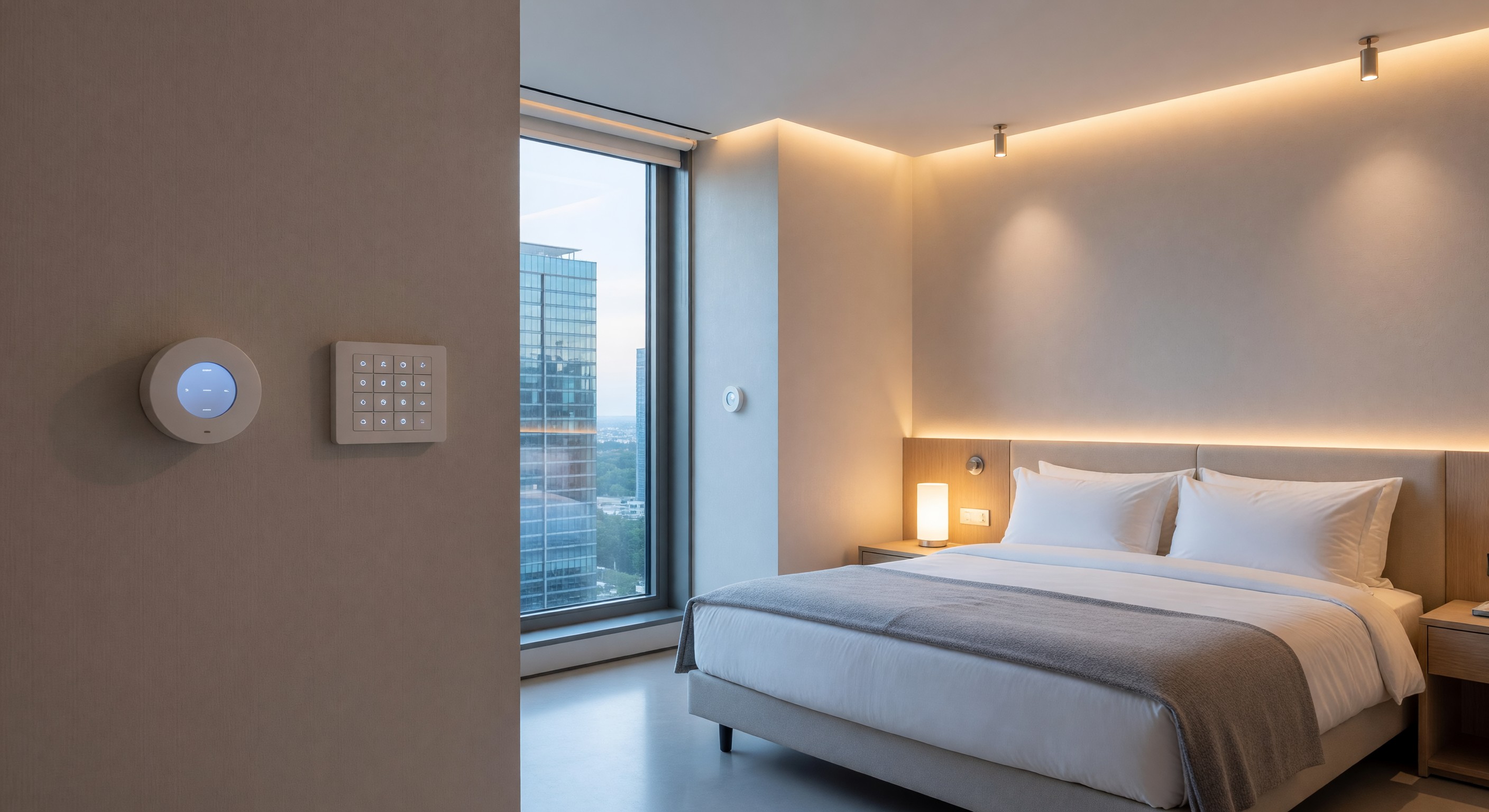 Modern hotel room with smart thermostat and connected lighting controls visible
