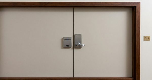 Hotel room door with electronic key card reader