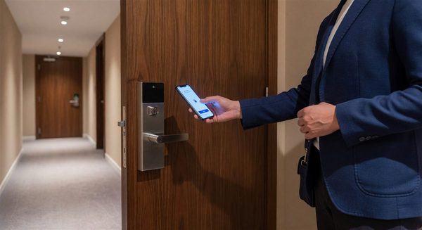 Hotel guest using smartphone to unlock room door with mobile key