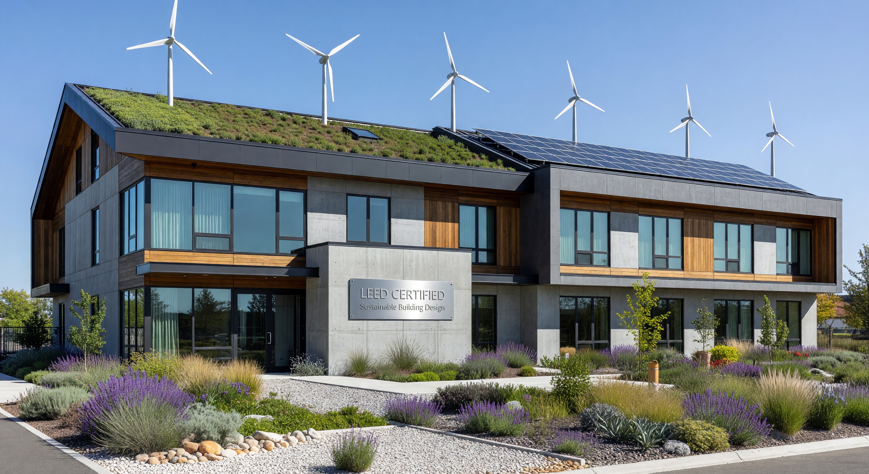 Modern hotel with LEED certification signage showing sustainable building design