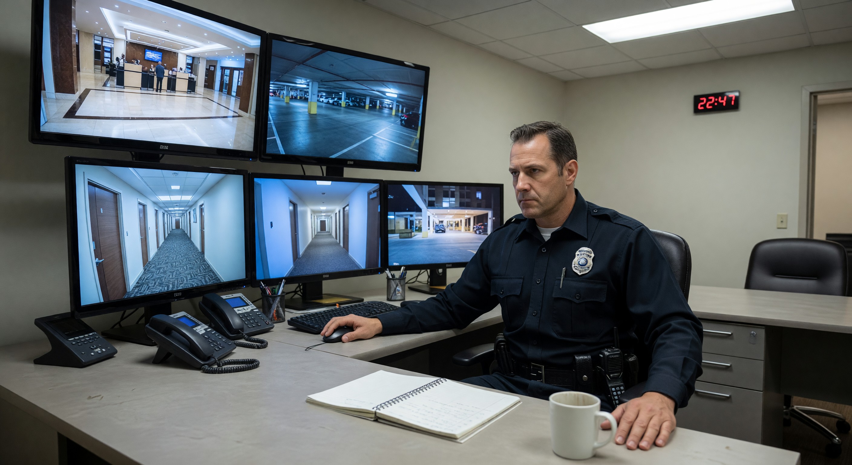 Hotel security officer monitoring cameras at security desk