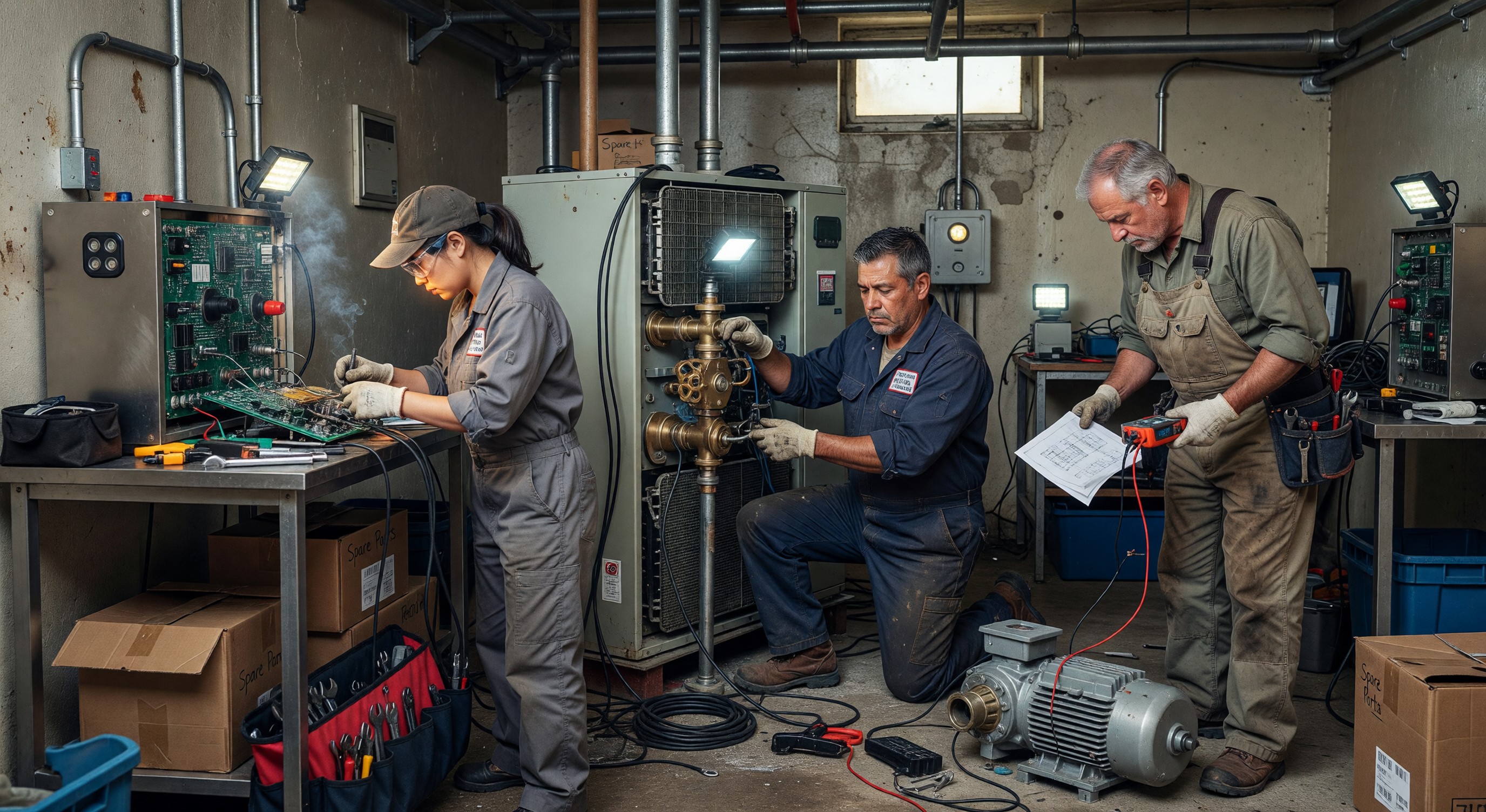 Hotel maintenance team working on equipment repairs