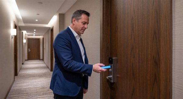 Hotel guest using mobile phone as room key at door