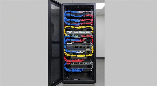 Hotel network rack with patch panels, switches, and structured cabling
