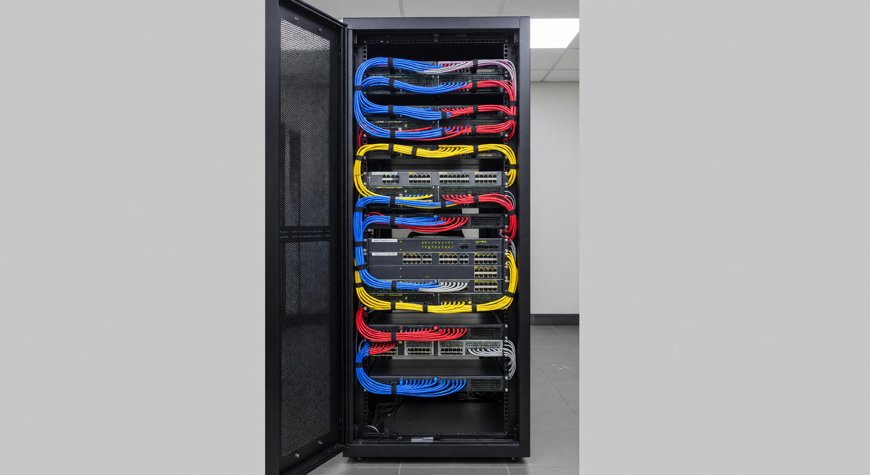 Hotel network rack with patch panels, switches, and structured cabling