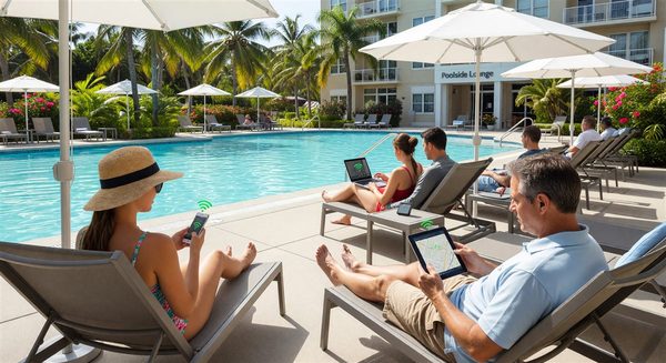 Hotel pool deck area with guests using devices showing outdoor WiFi coverage